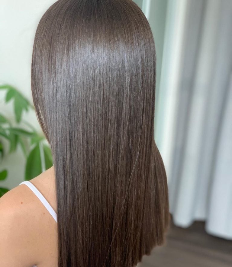 glossy brunette hair with full grey coverage